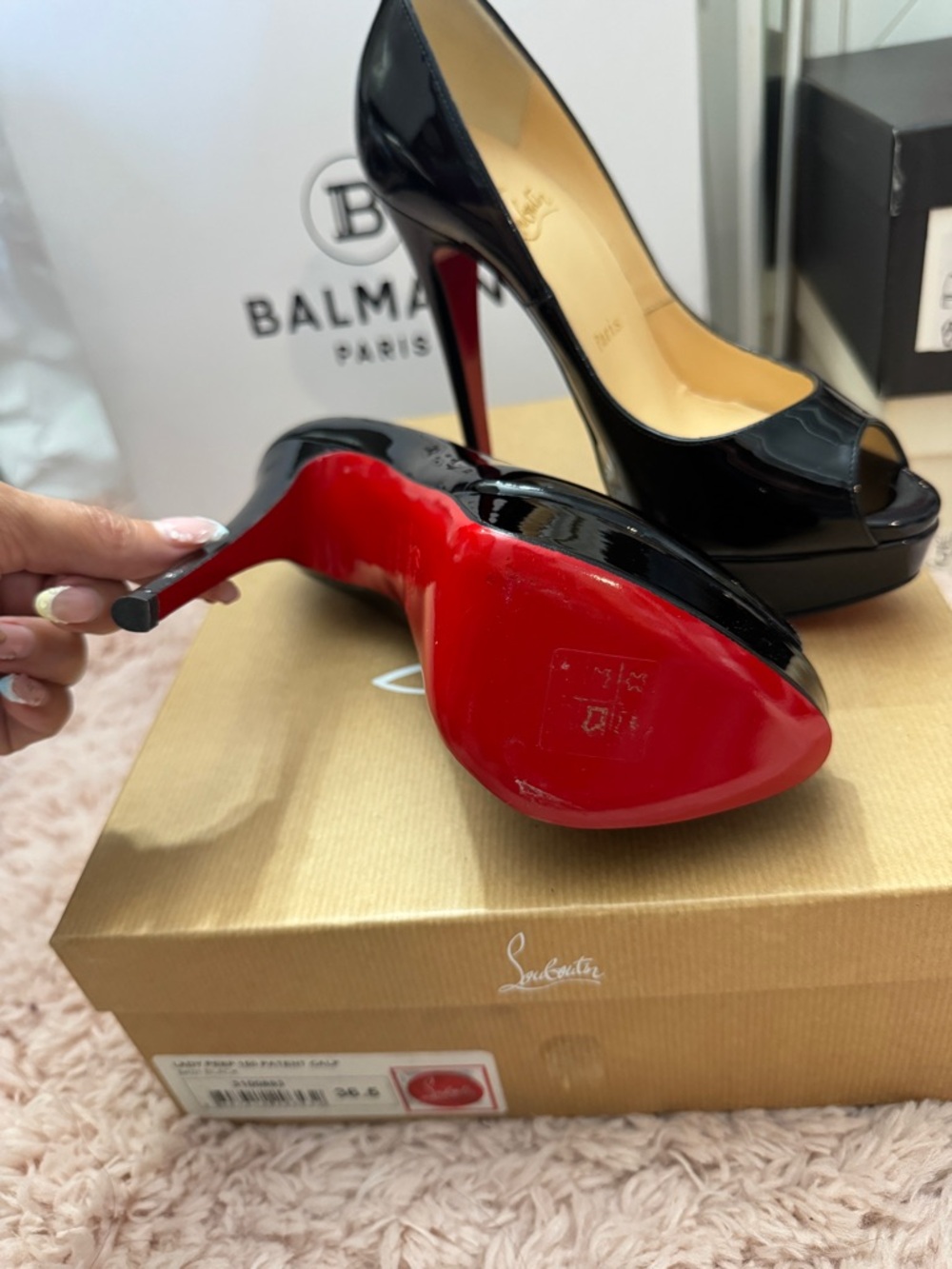 Christian Louboutin Black Patent Peep-Toe Platform Pumps with Red Sole - Picture 2 of 3